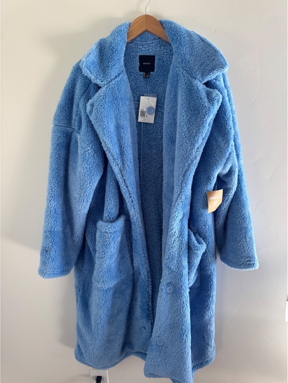 Forever 21 Blue Teddy Sherpa Long Coat – Size Large – New With Tags